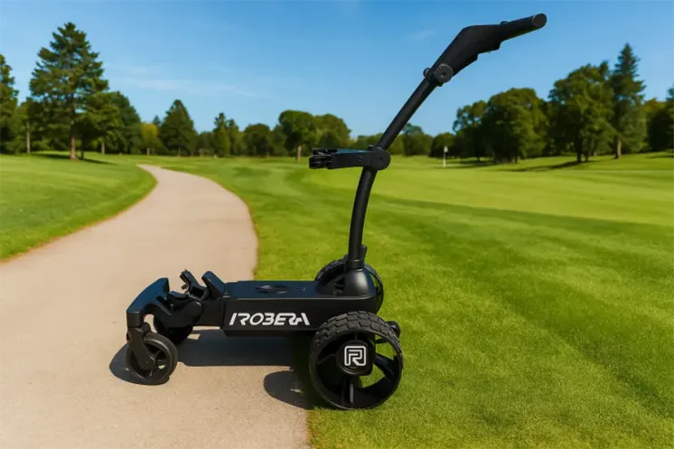Chariot de golf Robera Pro équipé de son sac sur un terrain vallonné
