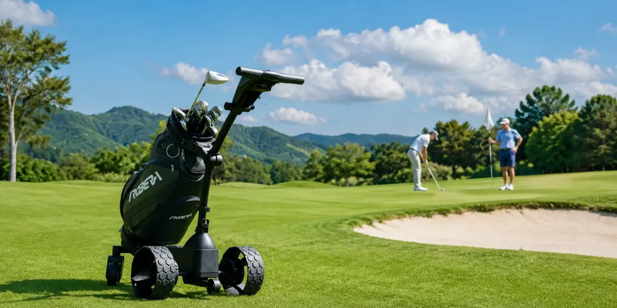 Chariot Robera Pro équipé de son sac sur un parcours de golf