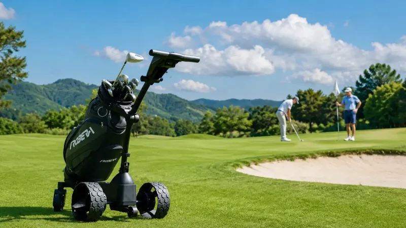 Chariot Robera Pro équipé de son sac sur un parcours de golf