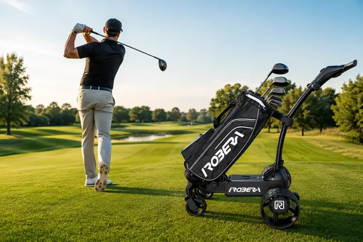 Chariot de golf Robera Pro avec son sac, auprès de golfeurs sur le parcours