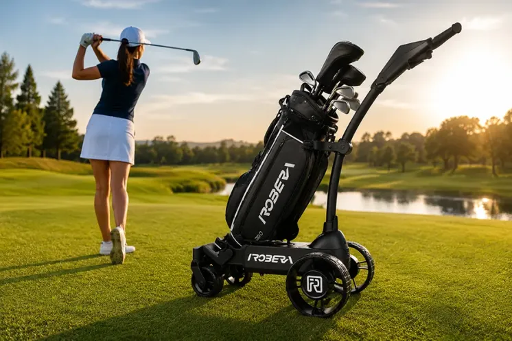 Chariot Robera Pro équipé d’un sac de golf sur le parcours