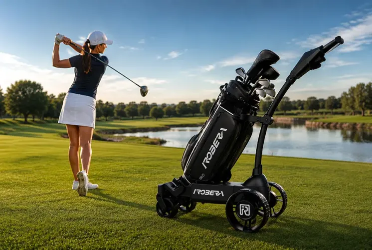 Chariot de golf Robera Pro et son sac sur le parcours