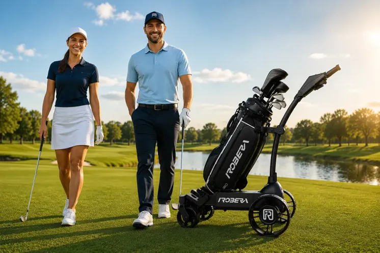Deux golfeurs avec leurs chariots Robera Pro sur le parcours