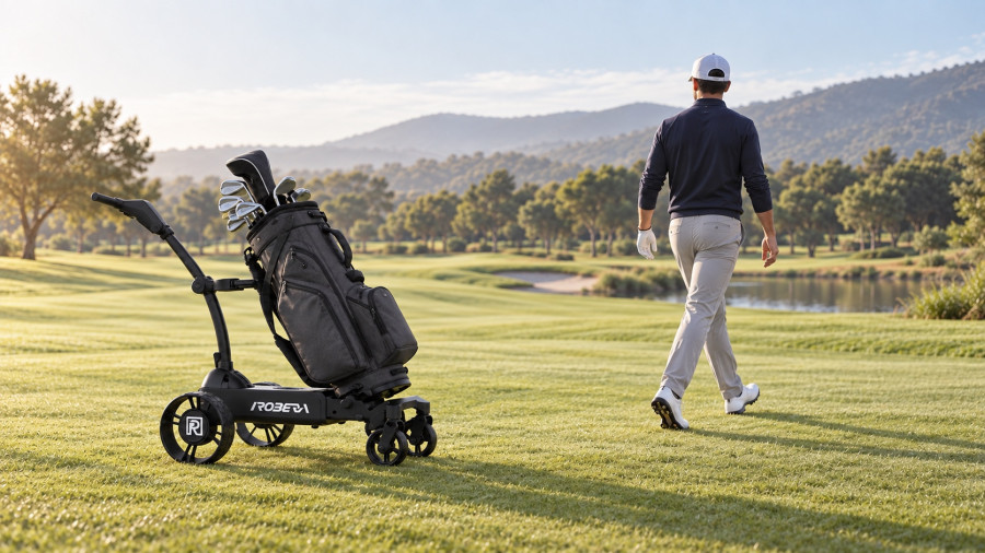 Illustration générée par IA : un chariot de golf suiveur accompagne un joueur sur le parcours.
