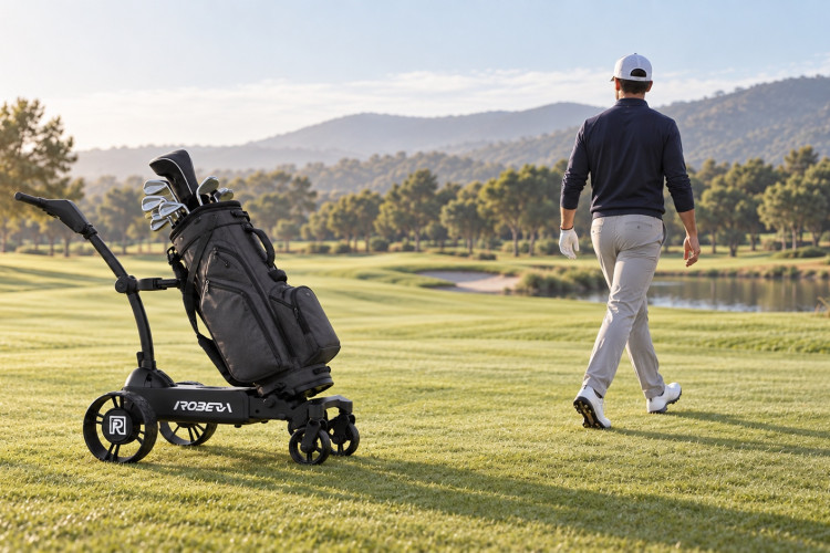Illustration générée par IA : un chariot de golf suiveur accompagne un joueur sur le parcours.