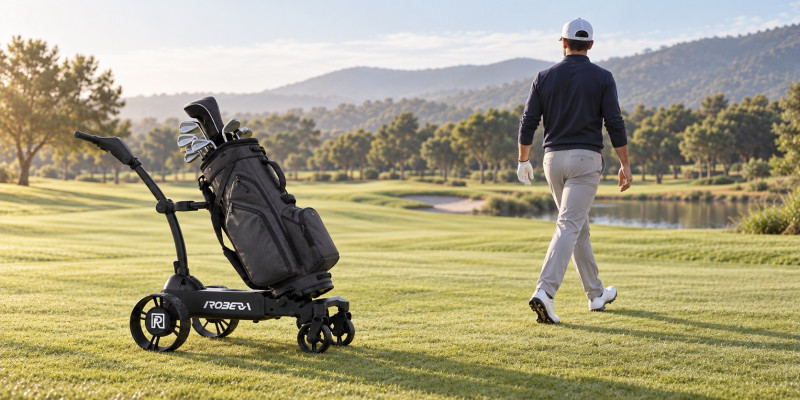 Illustration générée par IA : un chariot de golf suiveur accompagne un joueur sur le parcours.